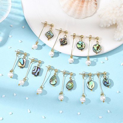 304 pendientes colgantes de acero inoxidable, oval, Pendientes colgantes de concha de abulón/concha de paua y perlas de concha