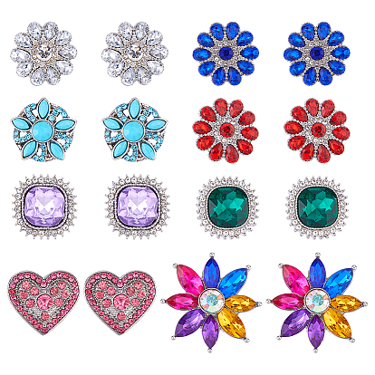 16Pcs 8 Styles Alloy Rhinestone Snap Buttons, Platinum, Square & Heart & Flower
