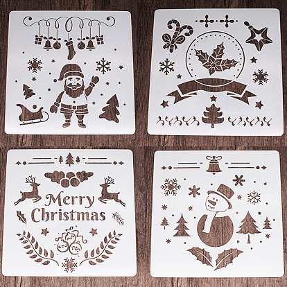 6Pcs 6 Styles Plastic Drawing Painting Stencils Templates, Square, Christmas Theme Pattern