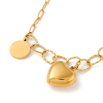 Flat Round & Heart Pendant Necklace, Ion Plating(IP) 304 Stainless Steel Jewelry for Women