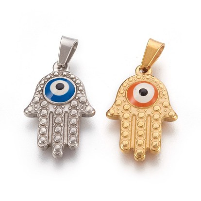 304 acier inoxydable émail pendentifs, hamsa main / main de fatima / main de miriam, avec des yeux