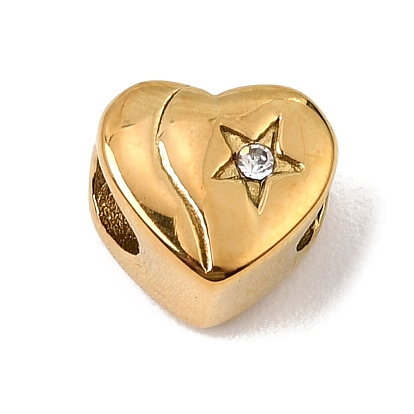 304 Stainless Steel with Crystal Rhinestone European Beads, Large Hole Beads, Heart with Star