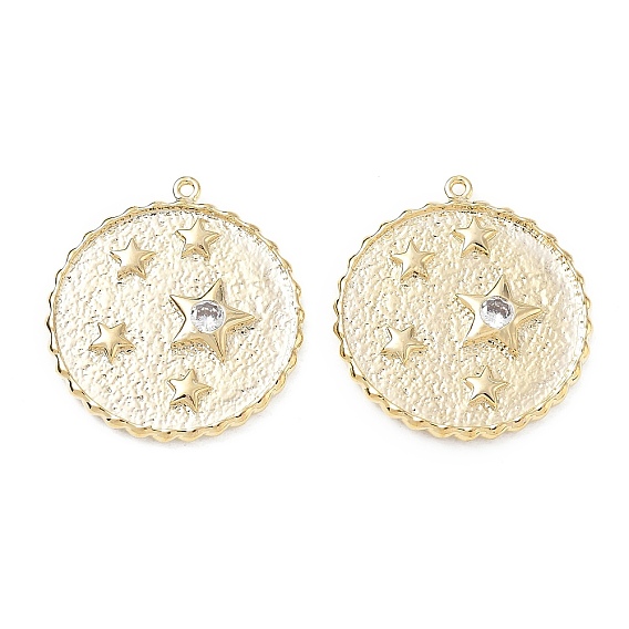 Brass Micro Pave Clear Cubic Zirconia Pendants, Flat Round with Star Charms