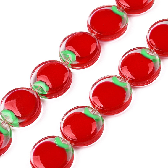 Transparent Acrylic Beads Strands, with Enamel, Flat Round with Apple