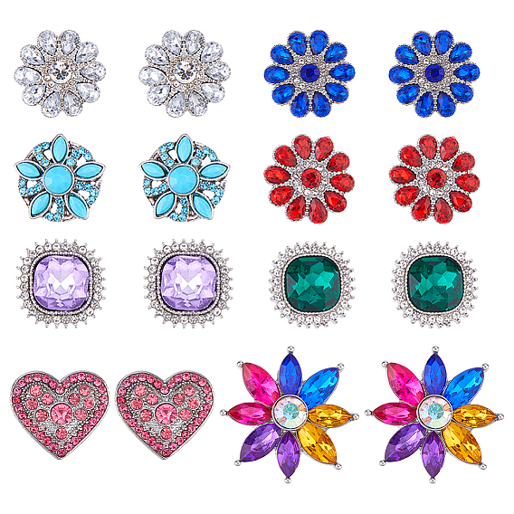 16Pcs 8 Styles Alloy Rhinestone Snap Buttons, Platinum, Square & Heart & Flower