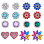 16Pcs 8 Styles Alloy Rhinestone Snap Buttons, Platinum, Square & Heart & Flower