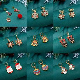 Christmas Snowflake Earrings Fashion Style Oil Star Candy Cane Pom Pom Asymmetric Stud Earrings