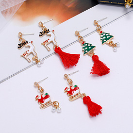 Festive Asymmetric Earrings with Reindeer, Santa Claus and Christmas Tree Pendants