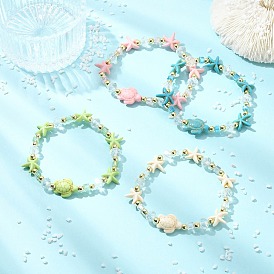 Эластичные браслеты для женщин из стекла, окрашенной синтетической бирюзы и немагнитных синтетических гематитовых бусин., черепаха и морская звезда