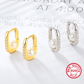 925 Sterling Silver Rhinestone Oval Hoop Earrings, with Imitation Pearl, with S925 Stamp