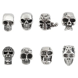 Unicraftale 8Pcs 8 Styles 304 Stainless Steel Cord End Caps & Beads, Skull