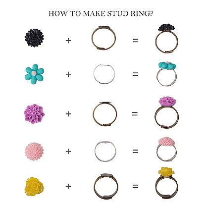 SUNNYCLUE DIY Ring Making, with Iron Pad Ring Base Findings, Adjustable Brass Pad Ring Settings and Flower Resin Cabochons