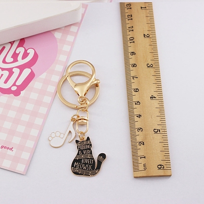 Zinc Alloy Enamel Cat with Piano & Musical Note Pendant Keychain, for Bag Car Key Decoration