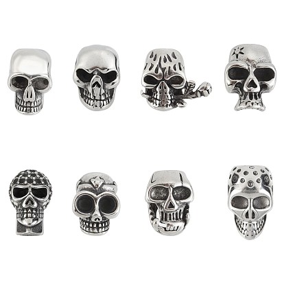8Pcs 8 Styles 304 Stainless Steel Cord End Caps & Beads, Skull