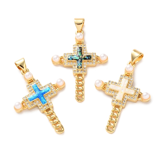 Латунные микропаве прозрачные подвески с фианитом, без кадмия и без свинца, с искусственным опалом и искусственным жемчугом ABS, реальный 18 k позолоченный, крест прелести, с целью перехода в кольце