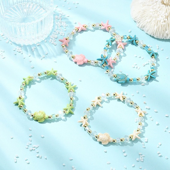 Bracelets extensibles pour femmes, composés de perles de verre, de turquoise synthétique teintée et d'hématite synthétique non magnétique, tortue et étoile de mer