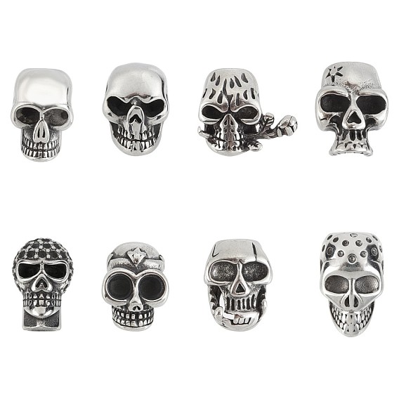8Pcs 8 Styles 304 Stainless Steel Cord End Caps & Beads, Skull