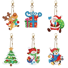 Christmas Theme DIY Diamond Painting Keychain Kits, Elk Santa Snowman Christmas Tree Gift Box Penguin, including Resin Rhinestones, Diamond Sticky Pen, Tray Plate and Glue Clay