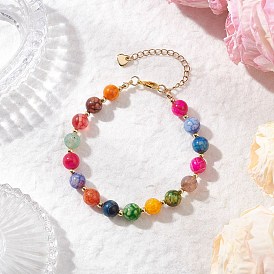 Браслеты из натуральных круглых бусин огненного агата с потрескиванием для женщин, с цинковым сплавом застежками омаров коготь