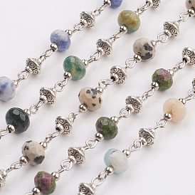 Perles de pierres naturelles pierres à la main, non soudée, avec perle d'espacement en fer, Perle style tibétain, épingle à œil en fer, facette