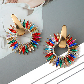 Chic Colorful Crystal Earrings with Retro Spikes for Elegant European Style and High-end Fashion Sense