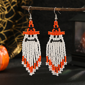 Ghost Patterned Halloween Style Beaded Tassel Earrings for Women