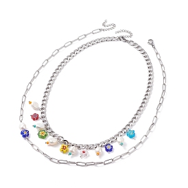 Natural Pearl & Millefiori Flower Coin Glass Beaded Charm Necklaces Set for Girl Women, Cuban Link Chain & Paperclip Chain Necklaces, Stainless Steel Color