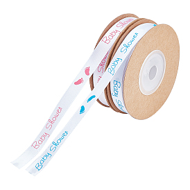 PandaHall Elite 2 Rolls 2 Colors Polyester Ribbon, with Baby Footprints & Word Pattern, Flat