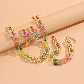 Наборы из ожерелья, браслета и сережек-гвоздиков из сплава и акрила с прямоугольными звеньями