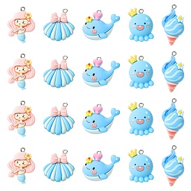 30 шт. 5 стили морских животных из непрозрачной смолы подвески, с платиновыми железными петлями, голубой