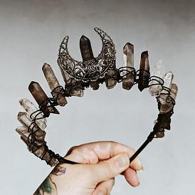 Métal de lune creux avec bandes de cheveux enveloppées de quartz naturel brut, pour couronne de mariée, accessoires pour cheveux de fête d'anniversaire