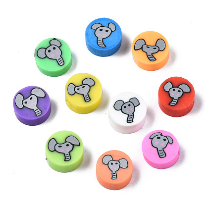 Handmade Polymer Clay Beads, for DIY Jewelry Crafts Supplies, Flat Round with Elephant