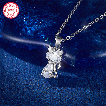 Cubic Zirconia Cat Pendant Necklaces, Rhodium Plated 925 Sterling Silver for Women