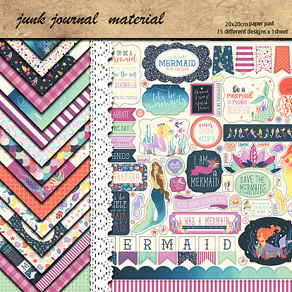 15 Sheets Mermaid Scrapbook Paper Pads, for DIY Album Scrapbook, Greeting Card, Background Paper