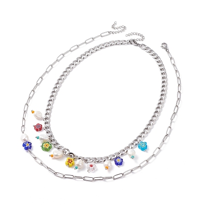 Natural Pearl & Millefiori Flower Coin Glass Beaded Charm Necklaces Set for Girl Women, Cuban Link Chain & Paperclip Chain Necklaces, Stainless Steel Color
