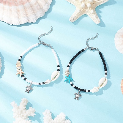 2 шт. 2 стили летние пляжные браслеты на ногу с подвесками в виде черепахи из искусственной бирюзы, морской звезды, натуральной ракушки каури и стеклянных семян, круглые бусины, античное серебро
