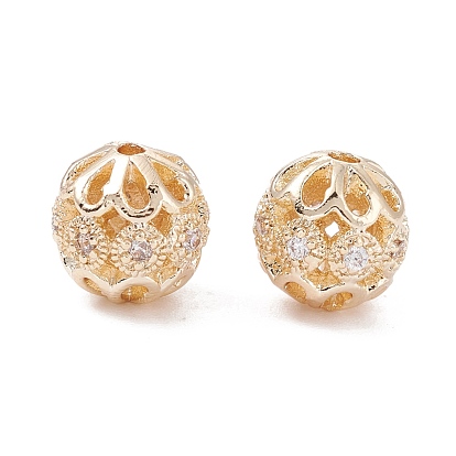 Rack Plating Brass Micro Pave Clear Cubic Zirconia Beads, Long-Lasting Plated, Round with Flower