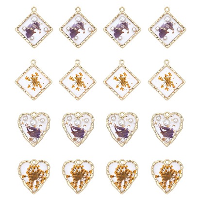 Light Gold Plated Alloy Pendants Sets, with Epoxy Resin and Dried Flower, Rhombus & Heart & Nugget