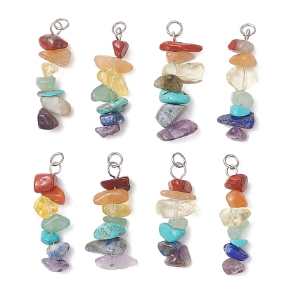 7 colgantes de piedras preciosas de chakra, dijes de cuentas de chips, con 304 fornituras de acero inoxidable, color acero inoxidable, mezclado teñido y sin teñir
