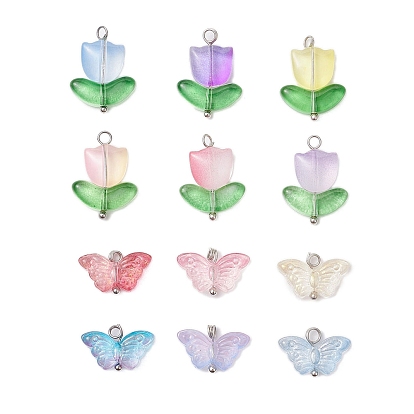 12шт. 2 стили тюльпан и бабочка прозрачные стеклянные подвески, с петлей из платиновой латуни