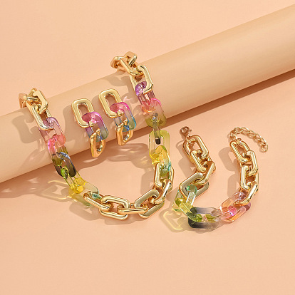 Наборы из ожерелья, браслета и сережек-гвоздиков из сплава и акрила с прямоугольными звеньями