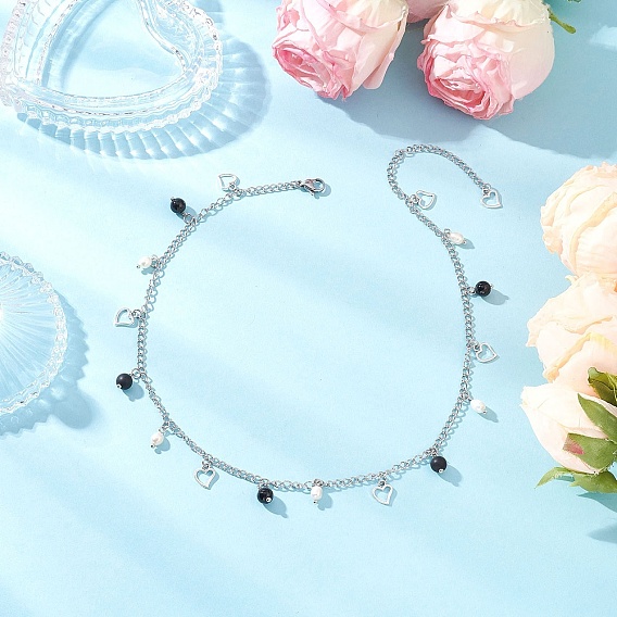 Натуральный черный агат (окрашенный и нагретый) и натуральный жемчуг и 304 ожерелья из нержавеющей стали с цепочкой-кисточкой в форме сердца