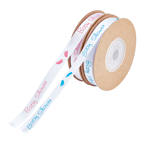 2 Rolls 2 Colors Polyester Ribbon, with Baby Footprints & Word Pattern, Flat
