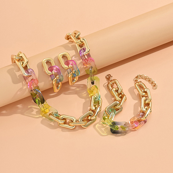 Наборы из ожерелья, браслета и сережек-гвоздиков из сплава и акрила с прямоугольными звеньями