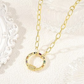 Brass Paperclip Chain Necklaces with Colorful Cubic Zirconia Ring Carabiner Locks for Women