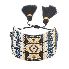 Friendship Rhombus Loom Pattern Miyuki Seed Beads Bracelets for Women, Adjustable Tassel Nylon Cord Braided Bead Bracelets