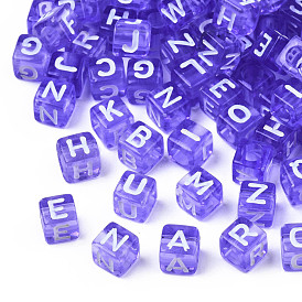 Transparent Acrylic Beads, Cube with White Random Mixed Letters