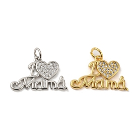 Mother's Day Heart with Word I Love Mama Charms, Rack Plating Brass Micro Pave Clear Cubic Zirconia Pendants, with Jump Ring, Cadmium Free & Lead Free, Long-Lasting Plated