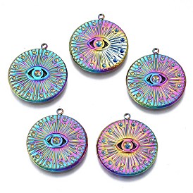 Rainbow Color 304 Stainless Steel Pendant Rhinestone Settings, Cadmium Free & Nickel Free & Lead Free, Flat Round with Eye