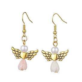 Angel Antique Golden Alloy & Resin Dangle Earrings, Imitation Pearl Acrylic Drop Earrings